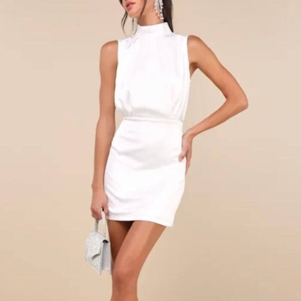 NWT Lulus Classic Elegance Satin Sleeveless Bodice Mock Neck Mini Dress XL White